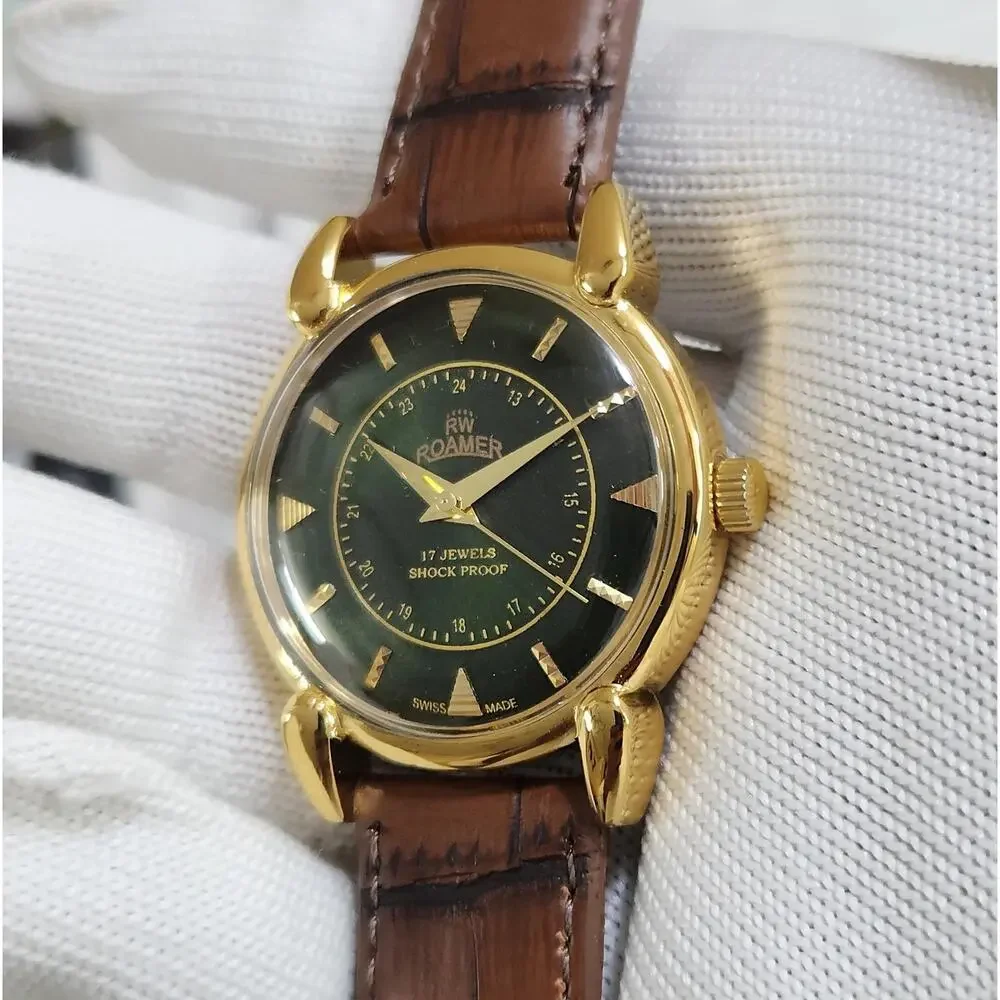 Vintage 1981 Roamer Manual Mens Gold Watch W/Leather Strap & Green accents